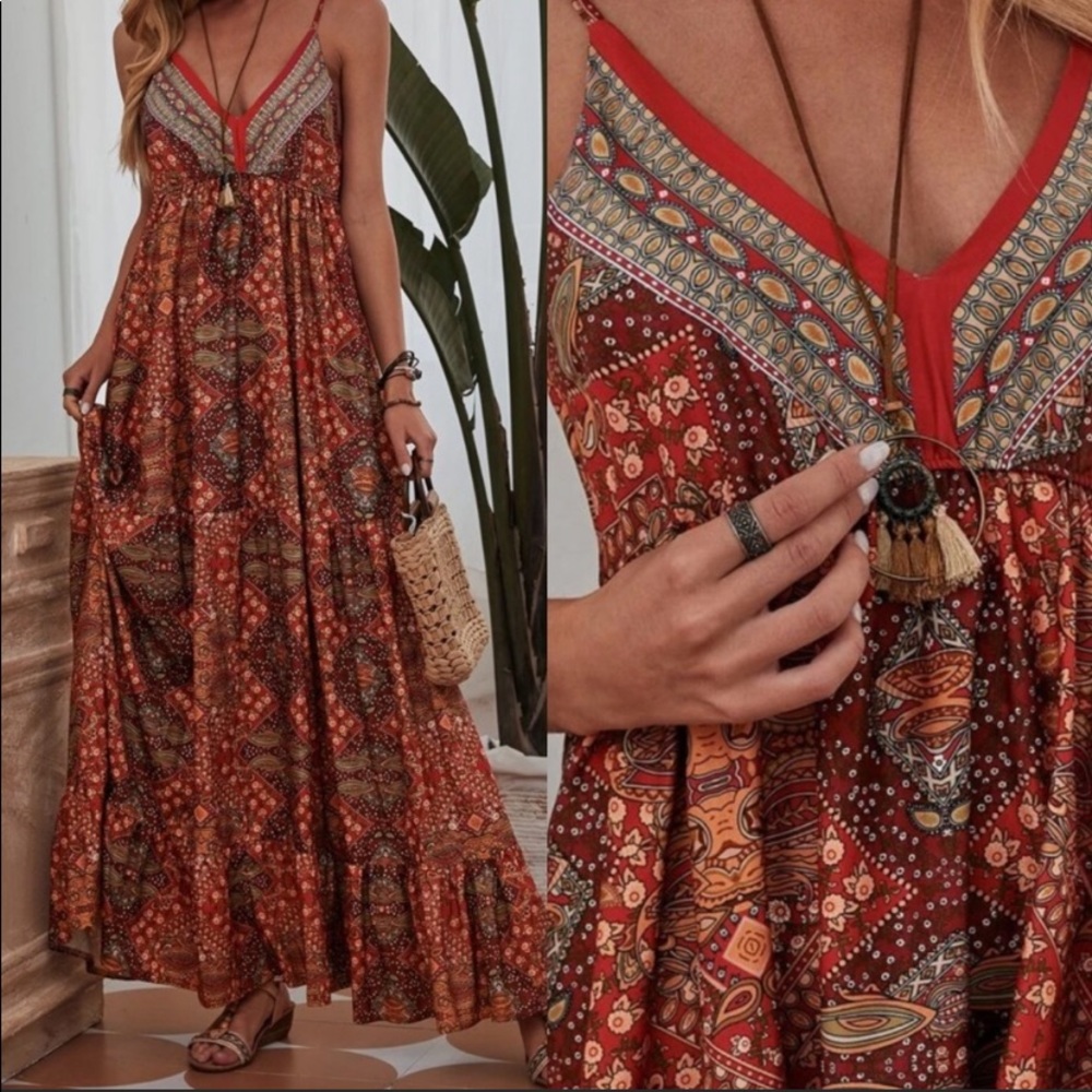 Kara and Kate Burnt Orange and Olive Boho Spaghetti-Strap Maxi Dress - Picture 4 of 5